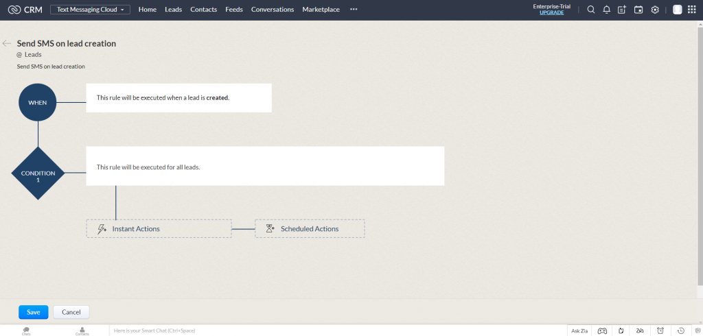 Send Automated SMS/WhatsApp on Zoho 1 workflow sms