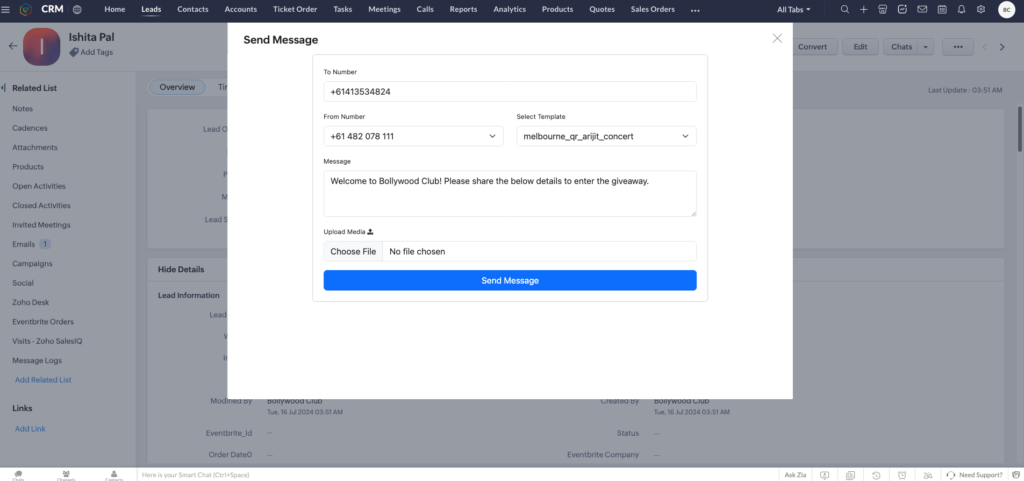 Send SMS/WhatsApp on ZOHO 1 image 8