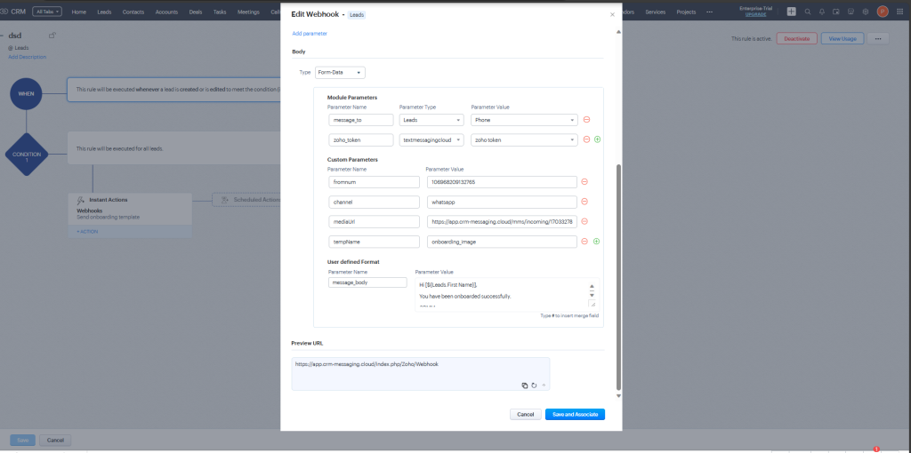 Sending SMS and WhatsApp Messages via Webhook in Zoho CRM 1 Screenshot 2023 12 30 150303 1024x510 1