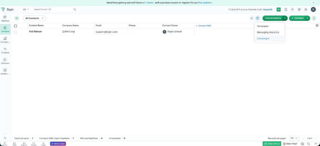 Conversations menu for Templates, Messaging Analytics, and Campaigns in Bigin