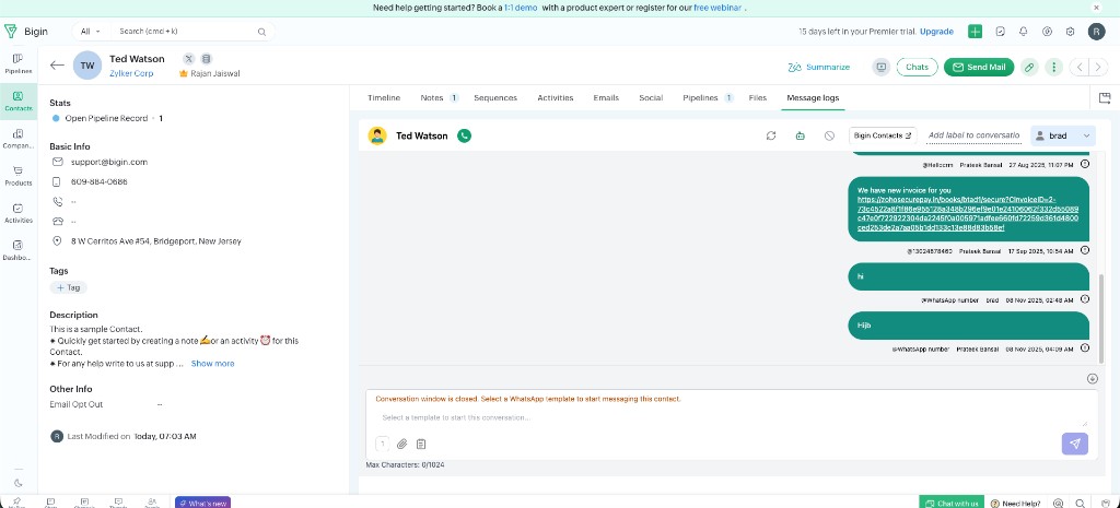 Message logs tab on a Zoho Bigin contact record