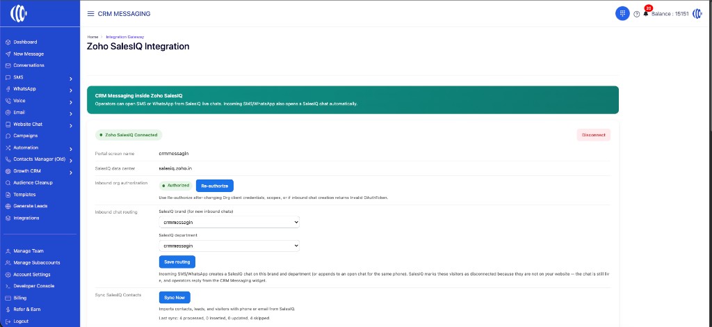 Zoho SalesIQ Integration page — Connected, Authorized, and inbound chat routing