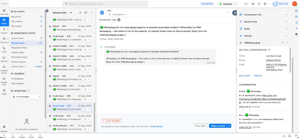 SalesIQ chat with CRM Messaging widget showing WhatsApp conversation