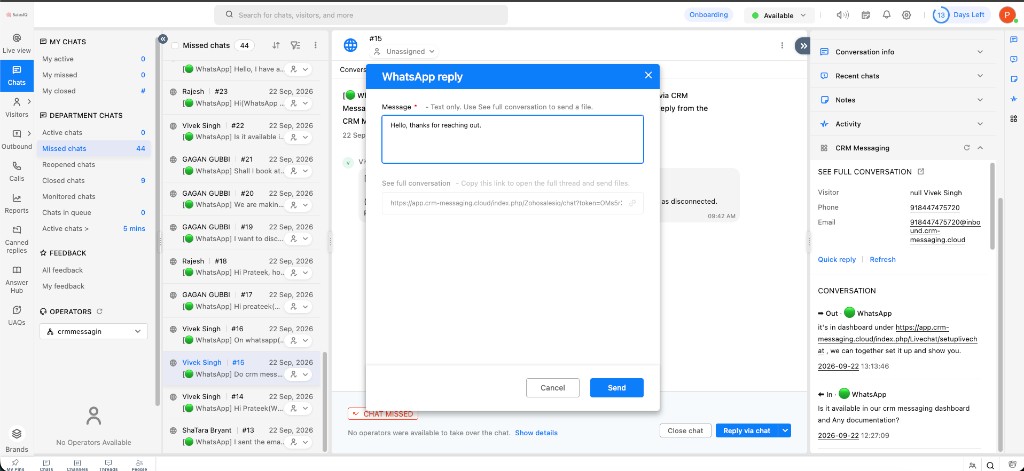 Quick reply WhatsApp form inside Zoho SalesIQ